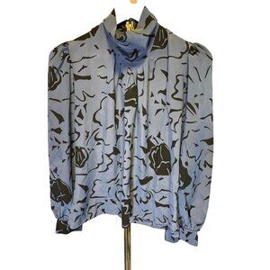 Vintage 90s Mark Stuart Blue Black High Neck Long Sleeve Blouse